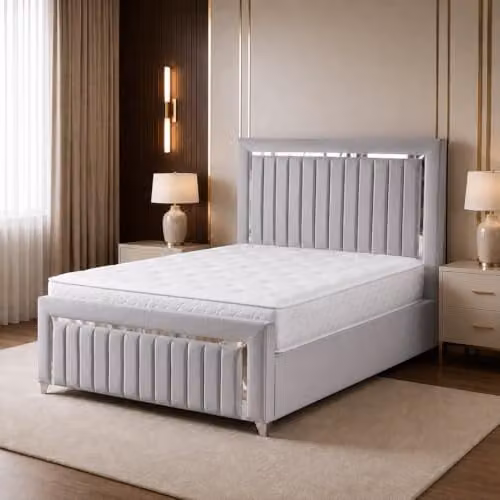 Living Comfort Bedz Zurich Plush Velvet Bed in Silver with Vertical Lined Headboard and Footboard, W/D/H: 200 x 190 x 122 cm – 1
