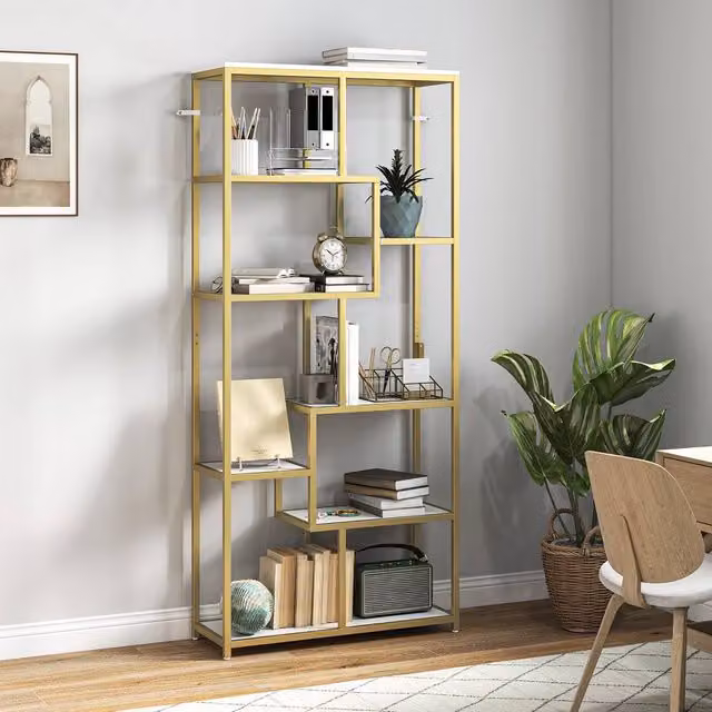 HOMCOM 7-Tier Industrial Geometric Bookshelf, White and Gold Tone, H 180 x W 80 x D 30 cm – 1
