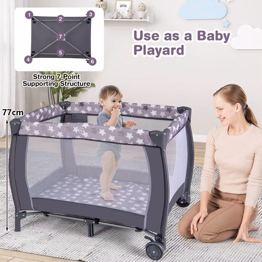 Costway 3 in 1 Foldable Baby Activity Center Playpen with Diaper Changing Table, Grey – 6