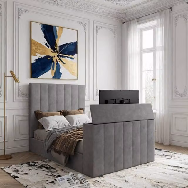 KDMD Ardingly Grey Velvet Upholstered Double Bed Frame with Lift Up Base