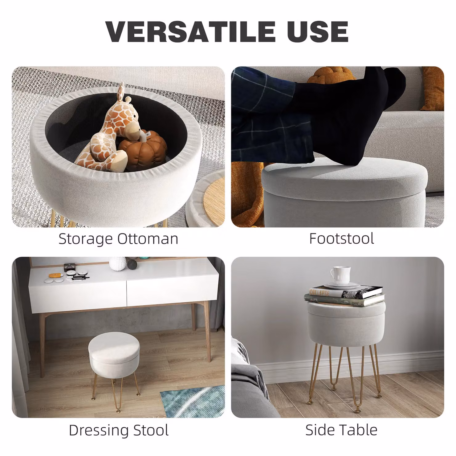 HOMCOM Velvet Footstool with Removable Lid and Metal Frame in Cream – 4