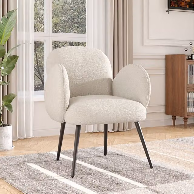 Komore White Bouclé Fabric Upholstered Tub Armchair with Metal Frame