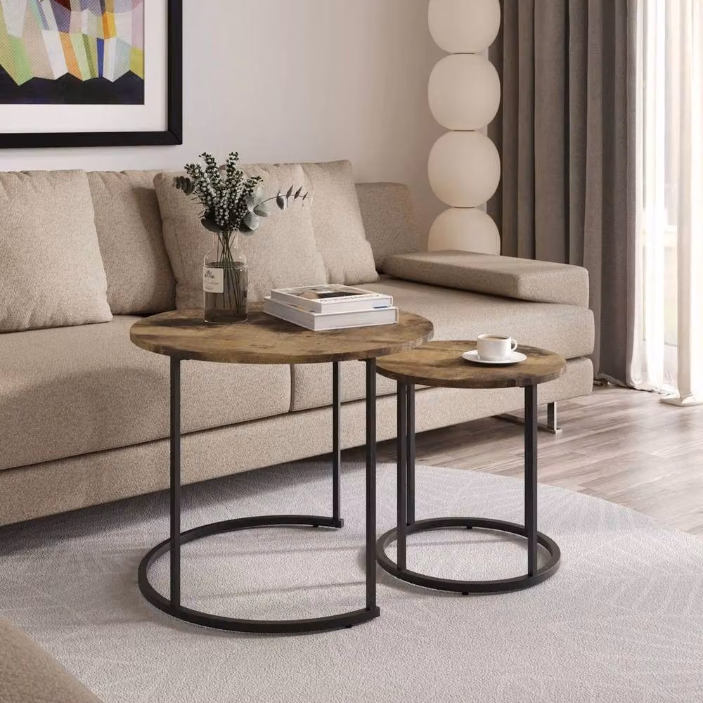 Havendro Ancient Wood Nesting Tables Set of 2, Industrial Round Side Tables in Brown and Black – 4