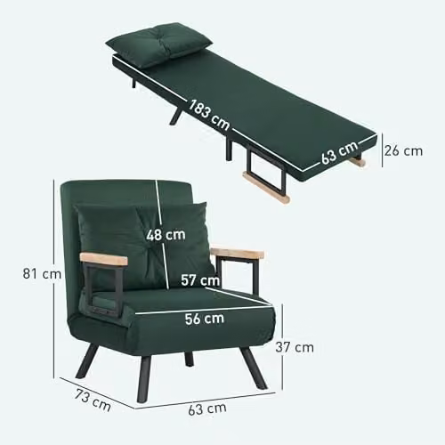 HOMCOM Green Velvet Click Clack Single Chair Bed Settee with Armrests – 3