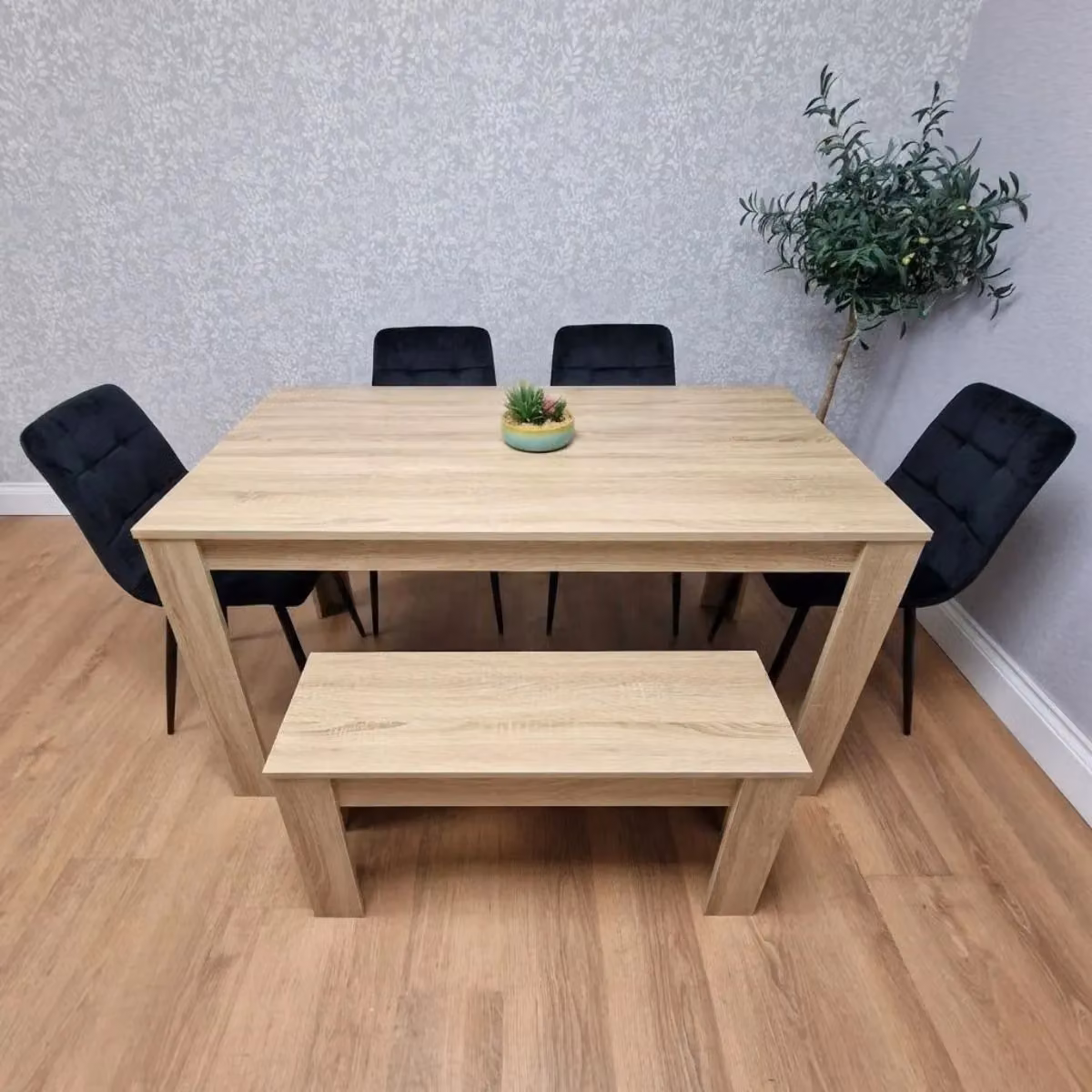 Kosy Koala Modern Oak Effect Dining Set with 4 Black Velvet Chairs and Bench in Brown – 2