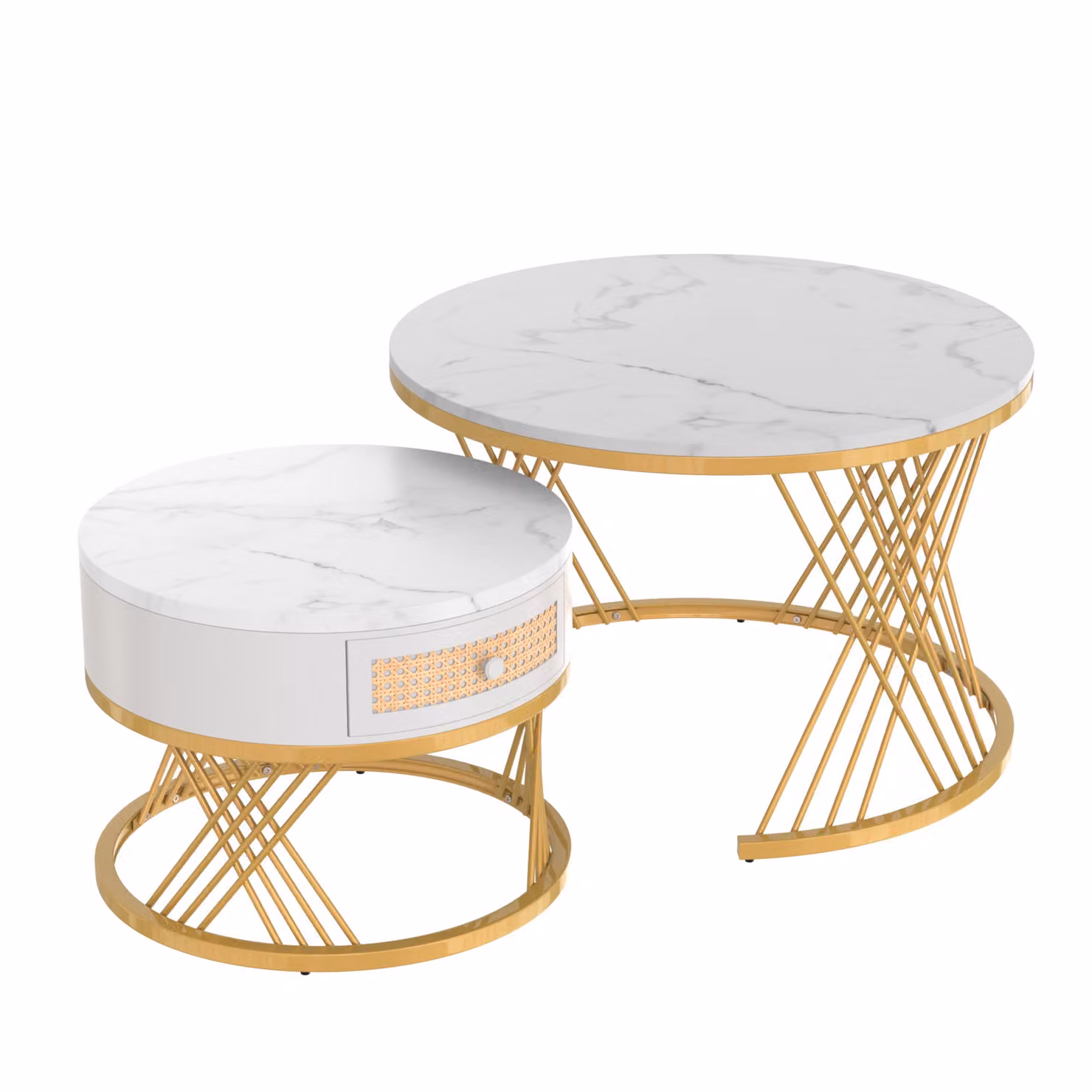 Aosom.UK 2-in-1 Nesting Coffee Table with Marble Top and Metal Legs, Round White and Gold Coffee Table with Storage, W/D/H: 70 x 70 x 45.5 cm – 2