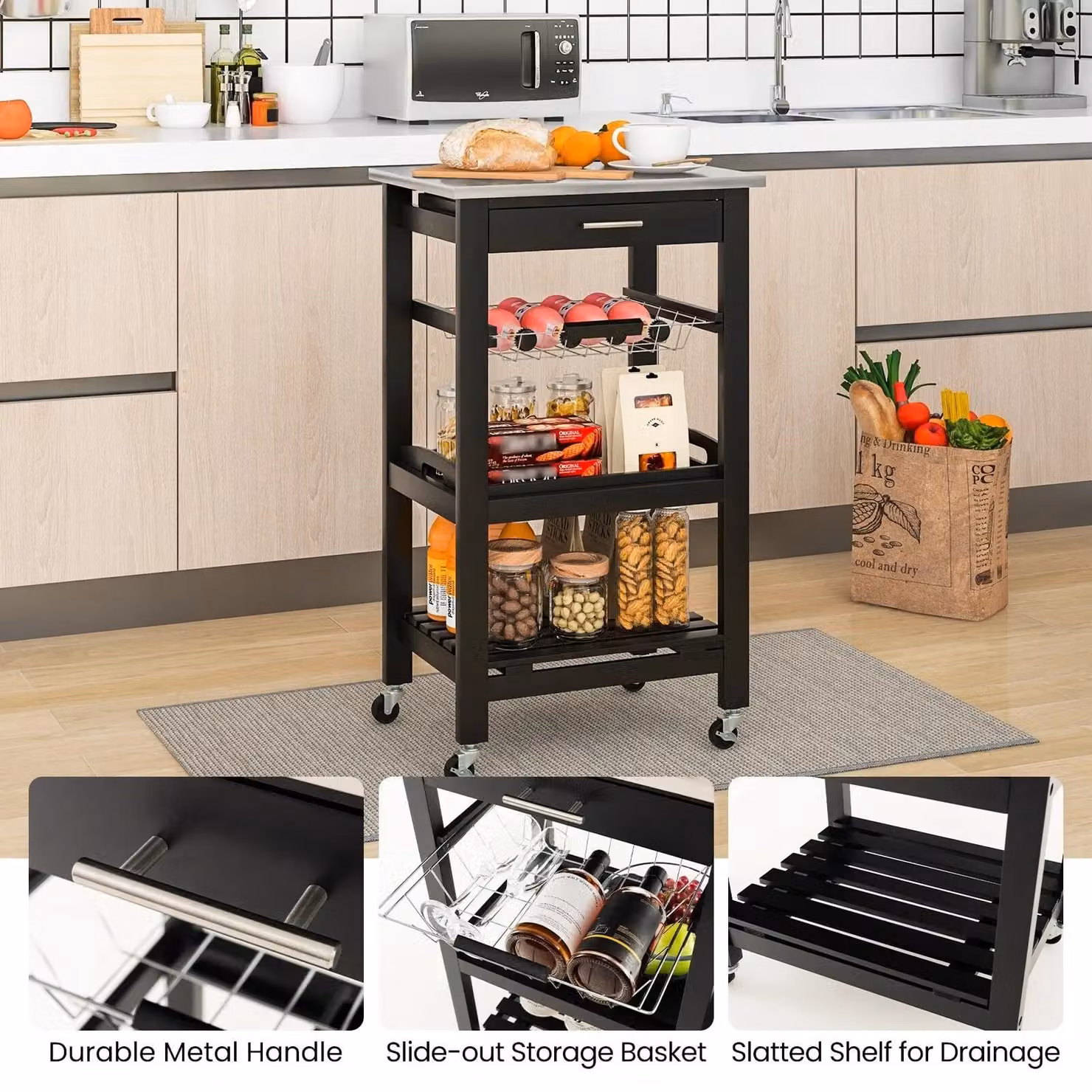 Costway Rolling Kitchen Storage Trolley Cart Cupboard Island in Black – 7