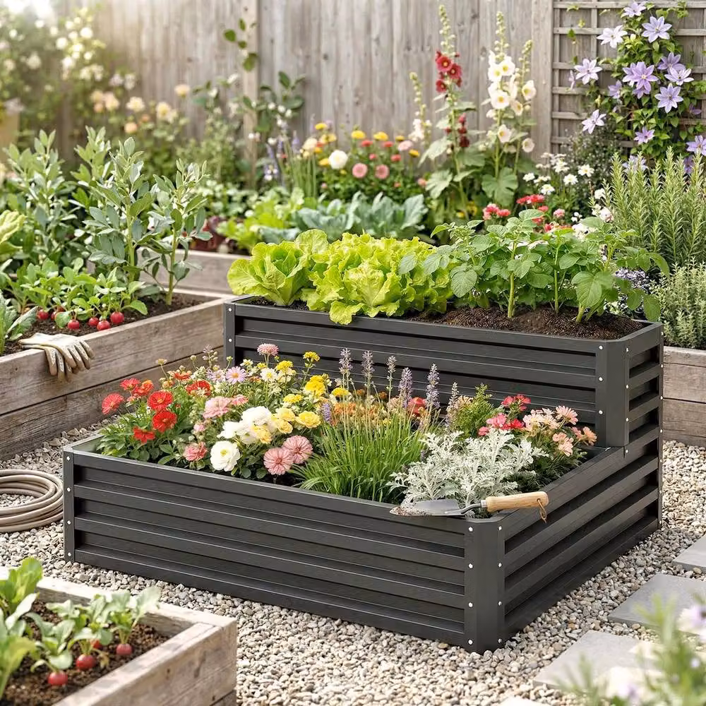 NESTLUNE 2 Tier Galvanised Steel Raised Garden Bed Planter Box in Grey, W/D/H: 120 x 101 x 58 cm – 4
