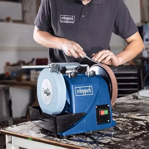 Scheppach Tiger 2000S Wet Bench Grinder, 120W, 200mm Corundum Whetstone and Leather Honing Wheel, Blue, W/D/H: 46.0 x 31.0 x 27.0 cm – 4