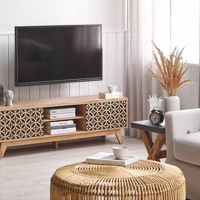 Wyld and Coco Retro TV Stand in Brown with Geometric Ornamented MDF Doors and Cable Management – 1