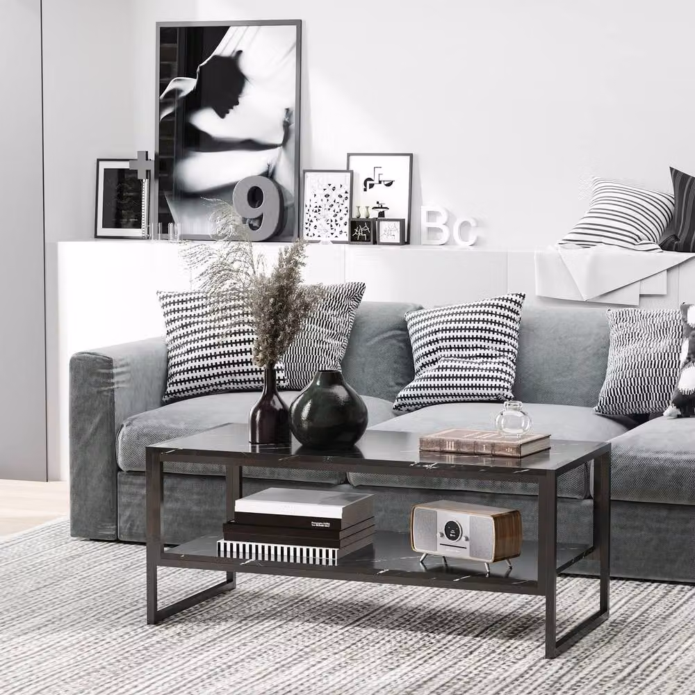 ERGOVEXA Modern Black Rectangular Coffee Table with Serving Tiers, W/D/H: 106 x 50 x 45 cm – 4
