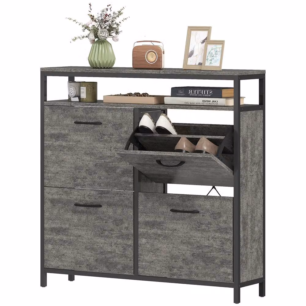 STILVORA Grey and Black Shoe Cabinet with 4 Tilting Compartments and Open Shelf – 3