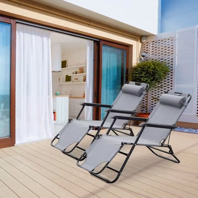 Alivio Set of 2 Modern Grey Textilene Reclining Sun Loungers with Adjustable Headrests