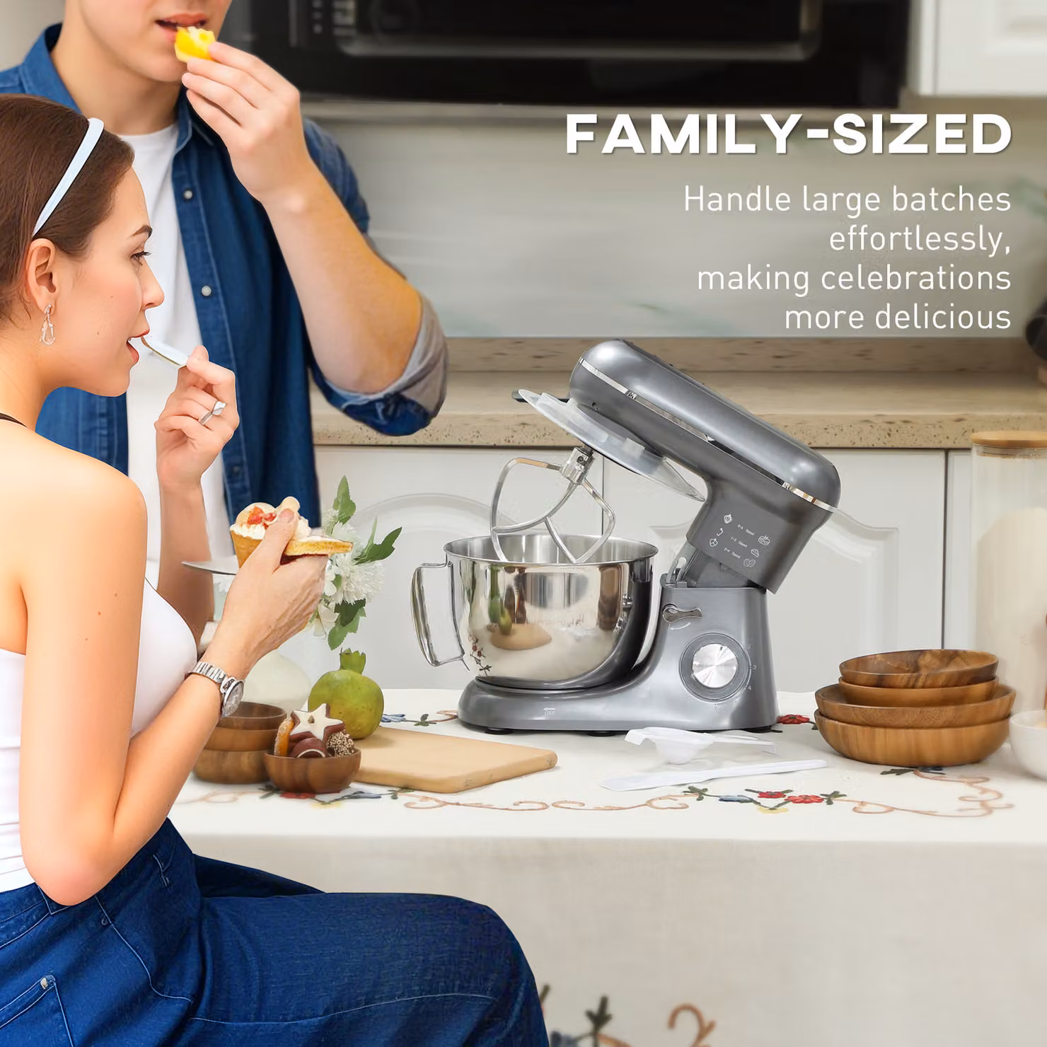 HOMCOM 1300W Kitchen Stand Mixer with Accessories in Silver – 5