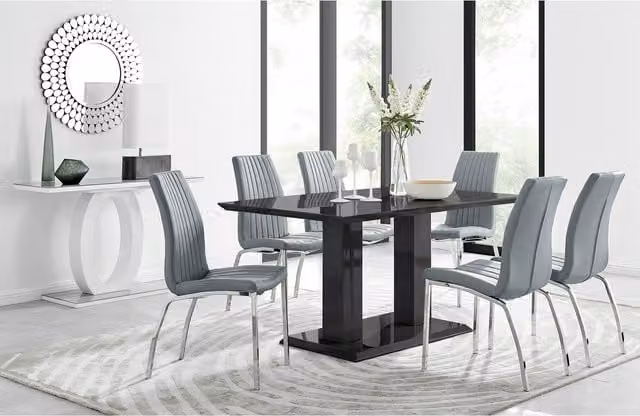 FurnitureboxUK Imperia Black Rectangular Dining Table and 6 Grey Isco Faux Leather Chairs