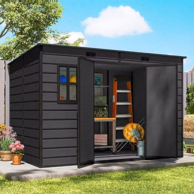 OUTSUNNY Plastic Garden Shed with Floor, Window and Lockable Double Doors, Dark Grey, W: 300 cm x D: 100 cm x H: 200 cm – 1
