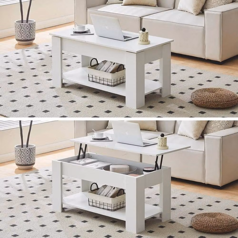 NESTLUNE Modern White Rectangular Coffee Table with Lift Top Storage Mechanism, W: 100 cm, D: 15 cm – 2