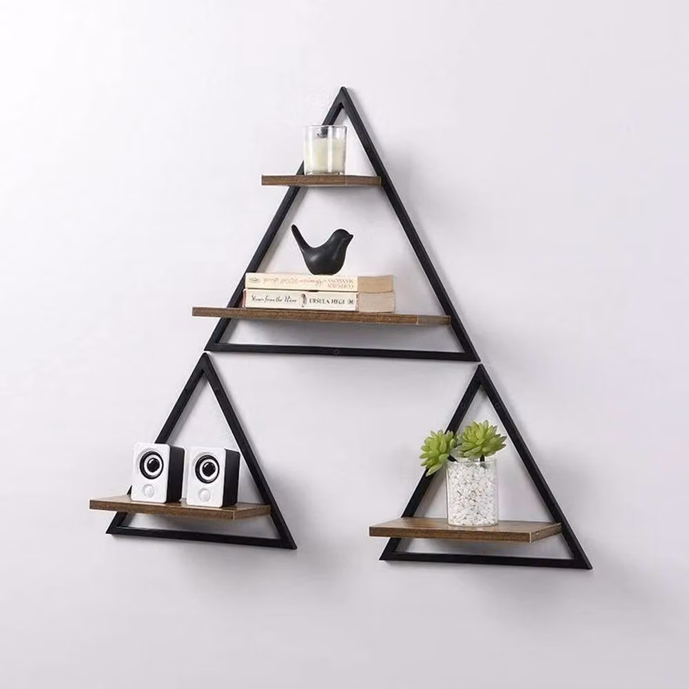 Kelvenix Set of 3 Triangle Floating Wall Mounted Shelves in Brown and Black MDF and Metal – 2