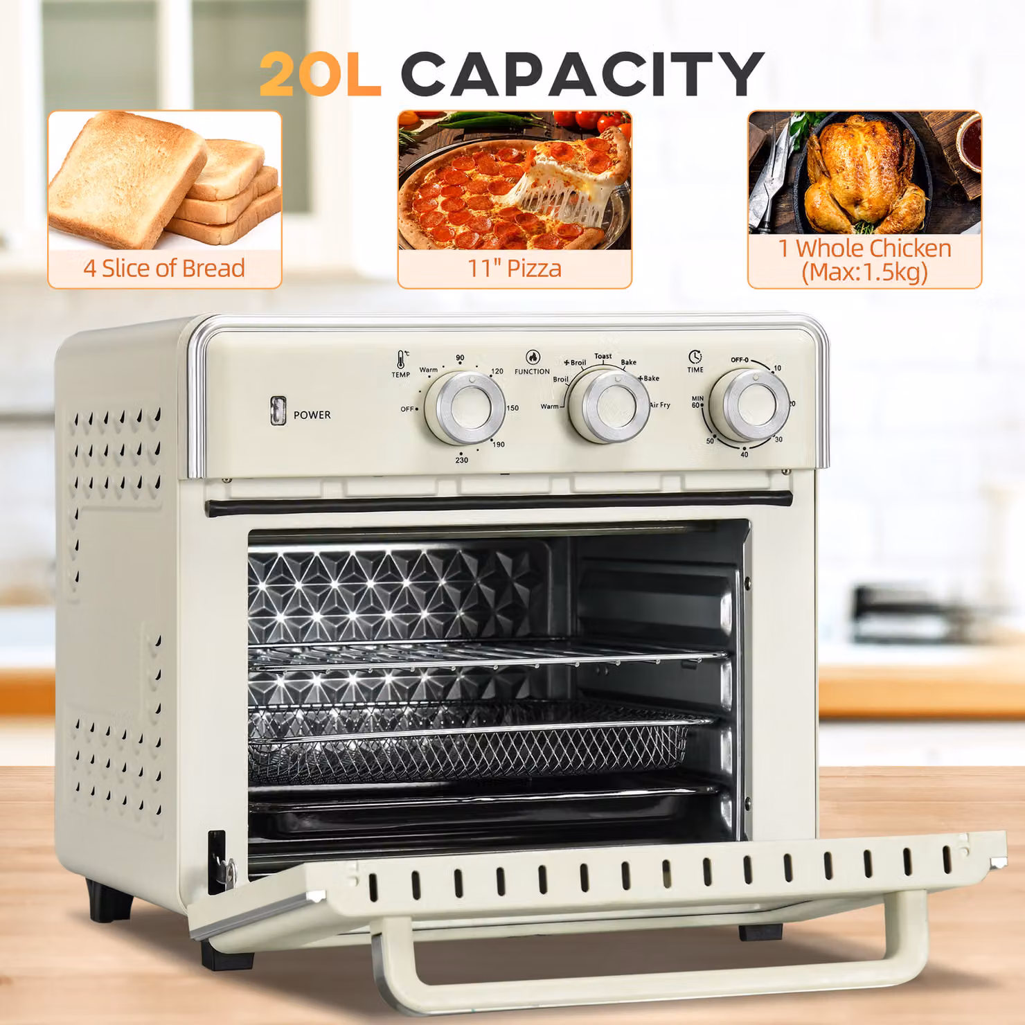 HOMCOM 20L 7-in-1 Convection Toaster Oven with Air Fry, Bake, Toast, Broil and Keep Warm Functions in Beige – 3