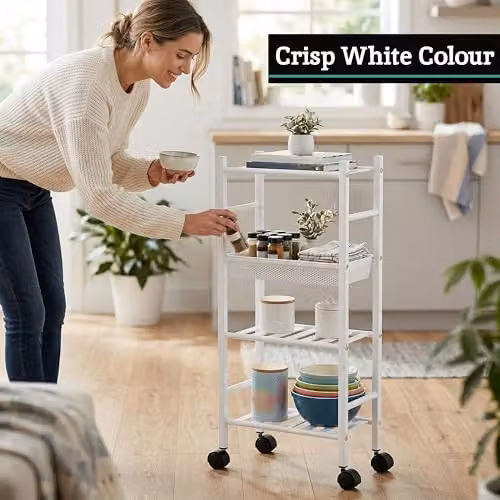 Premier Housewares 4 Tier Metal Trolley with Castors, White – 4
