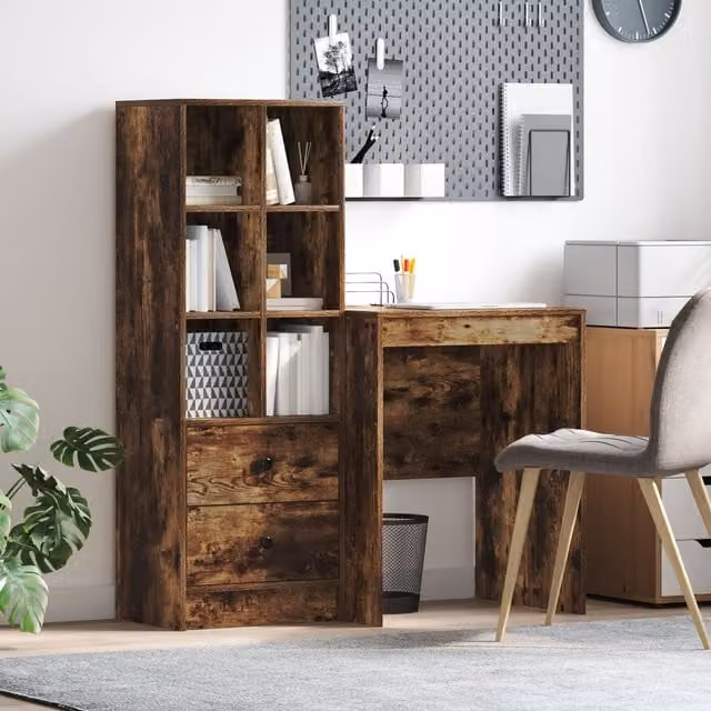 Berkfield Modern Writing Desk with Storage in Smoked Oak and Cream