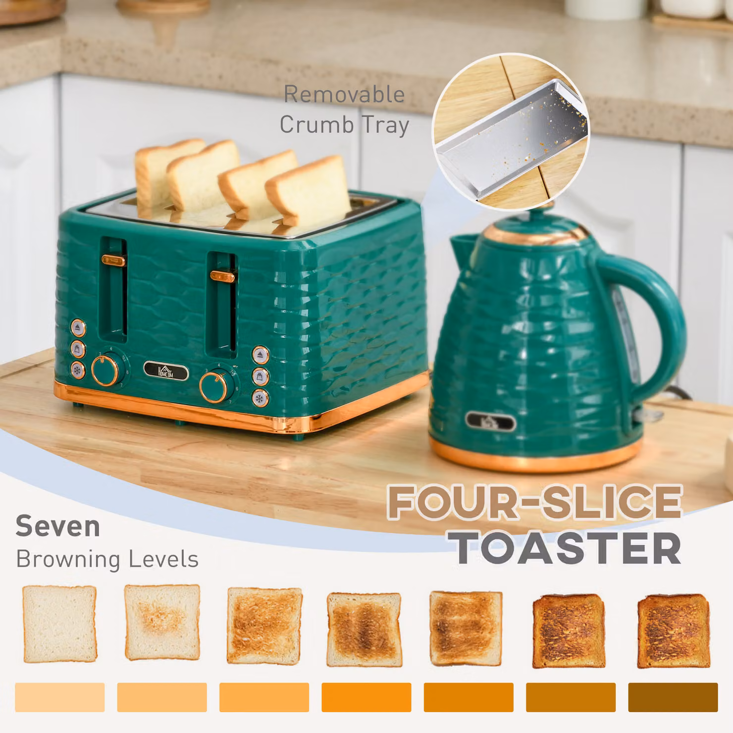 HOMCOM Kettle and Toaster Set in Green, including 1.7L Rapid Boil Kettle and 4-Slice Toaster with 7 Browning Controls and Crumb Tray – 3