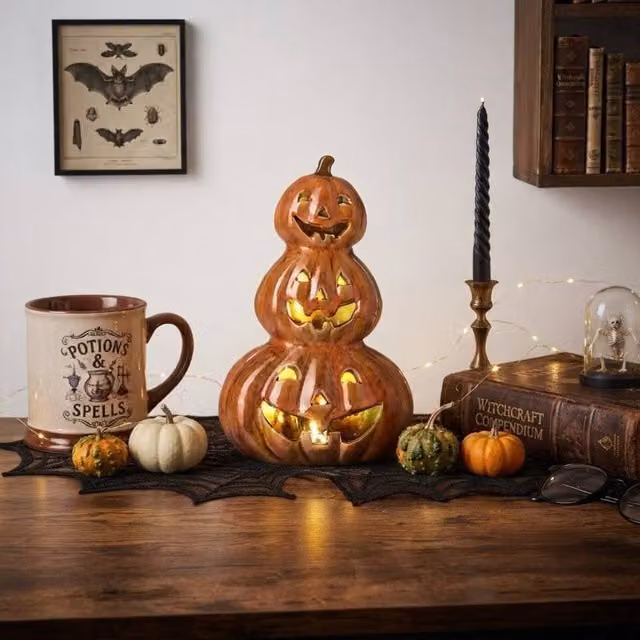 Garden Greatness Orange Tiered Light Up Ceramic Pumpkins Halloween Tabletop Decor