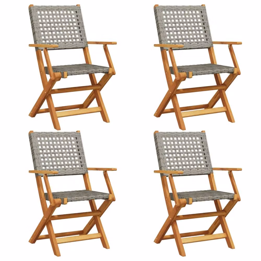 Berkfield Home Beautiful Set of 4 Grey Poly Rattan and Oiled Acacia Wood Folding Garden Chairs – 3