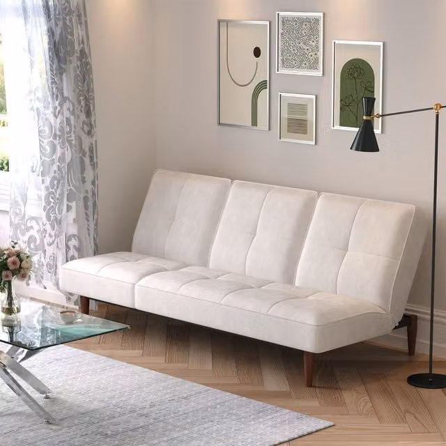 Living and Home 3 Seater White Microfibre Fabric Click Clack Sofa Bed with Walnut Wood Legs