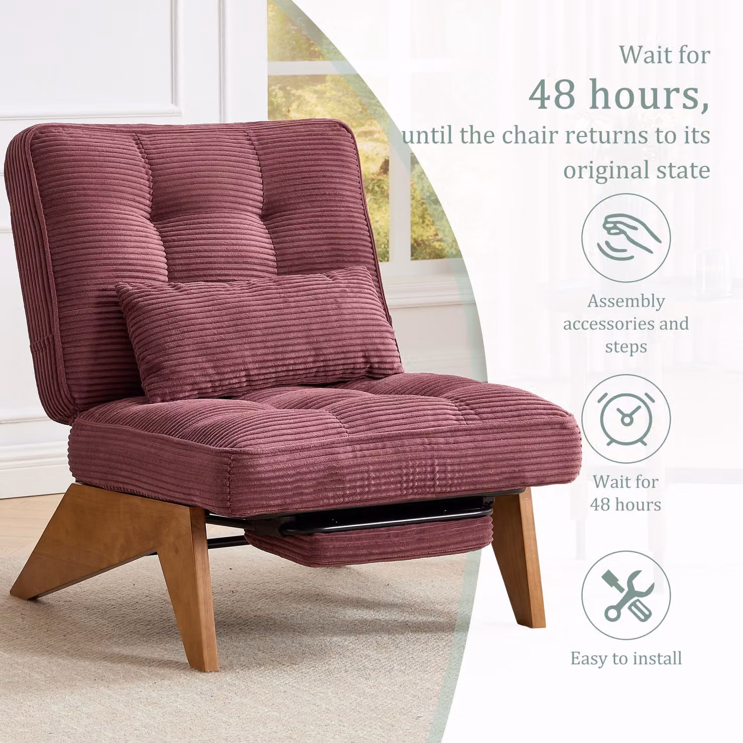 Aosom UK Wine Red Reclining Accent Chair with Foldable Ottoman and Lumbar Pillow, H 90 x W 73 x D 127 cm – 3