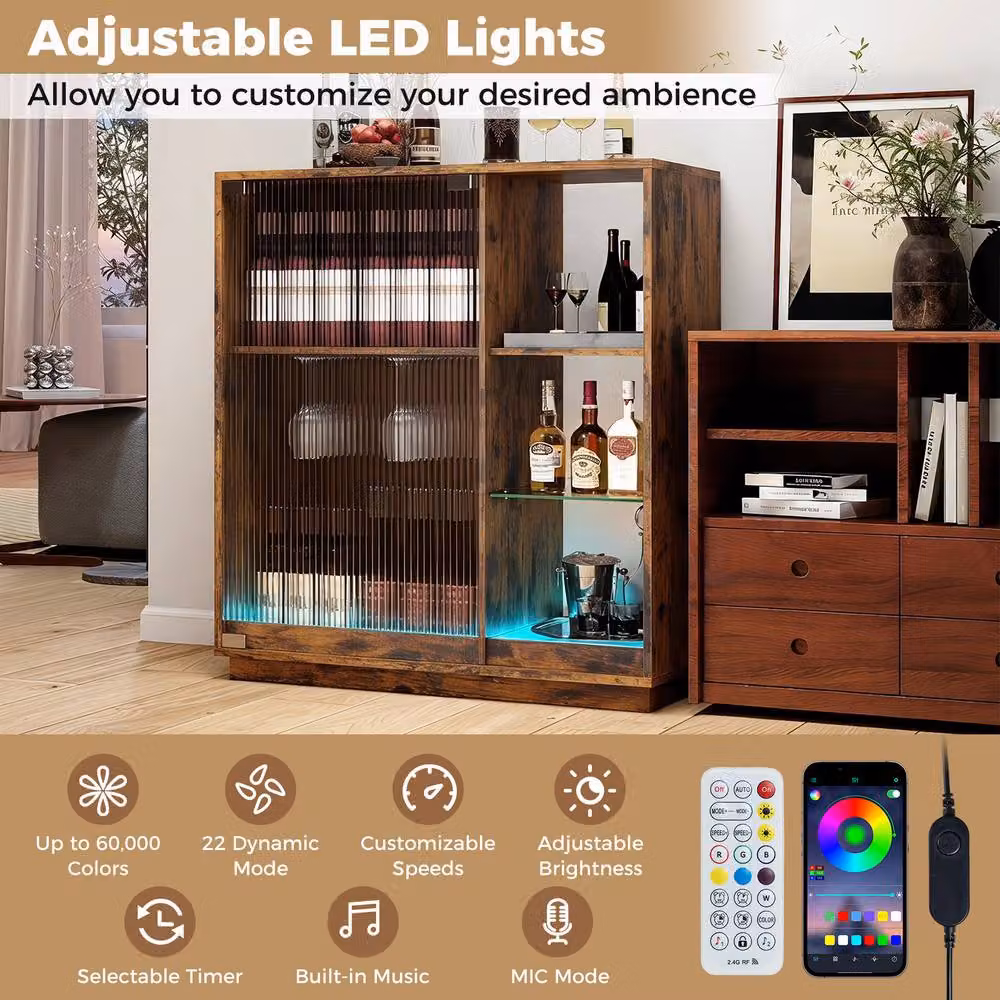 Costway Modern Brown Wine Bar Cabinet with Integrated LED Lights and Glass Doors – 6