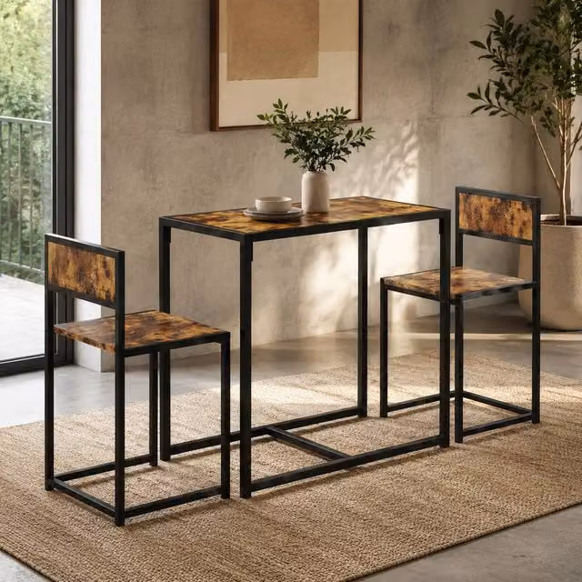 STILVORA Table and 2 Stools Set with Steel Frame in Rustic Dark Brown