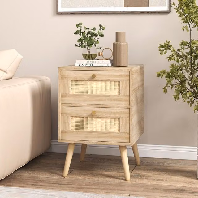 COSTWAY Boho Rattan and Wood Bedside Table in Brown and Beige