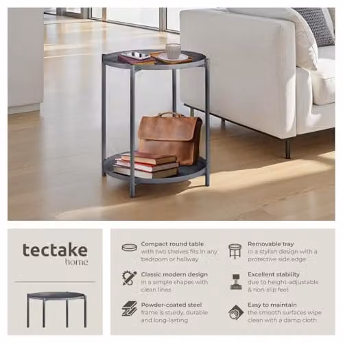 tectake Round Side Table in Minimalist Design with Height-Adjustable Feet, Grey, W/D/H: 45.5 x 45.5 x 53 cm – 4