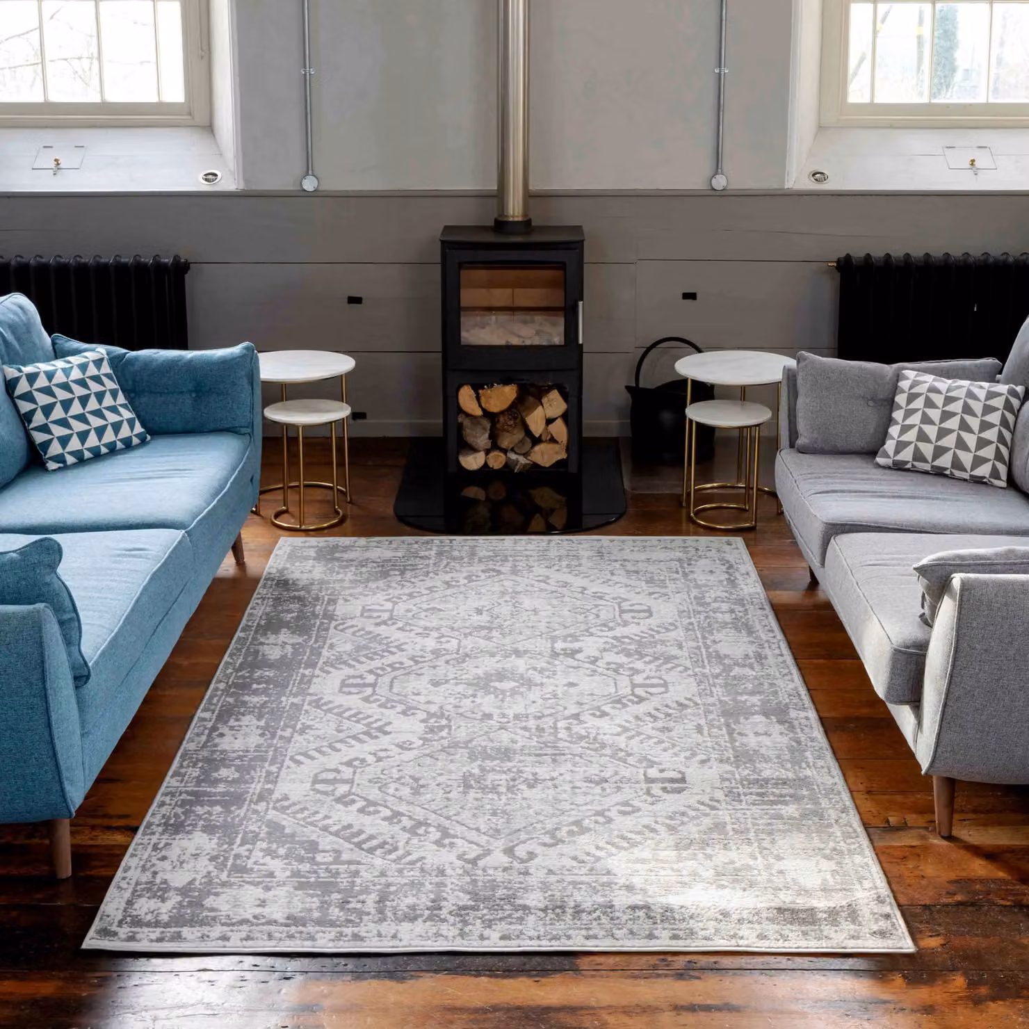 Kukoon Silver Grey Geometric Medallion Bordered Rug in Mid Grey, W: 160 cm, D: 230 cm – 3