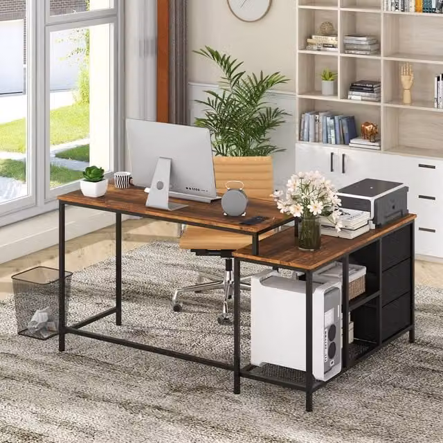 Costway L-Shaped Corner Computer Desk with 3 Drawers in Brown Industrial Style