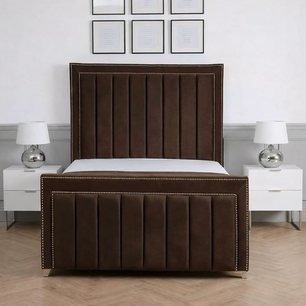 Living Comfort Bedz Royale Plush Velvet Upholstered Super King Bed with Slatted Base and 48 Inch Headboard in Brown, W/D/H: 200 x 200 cm – 2