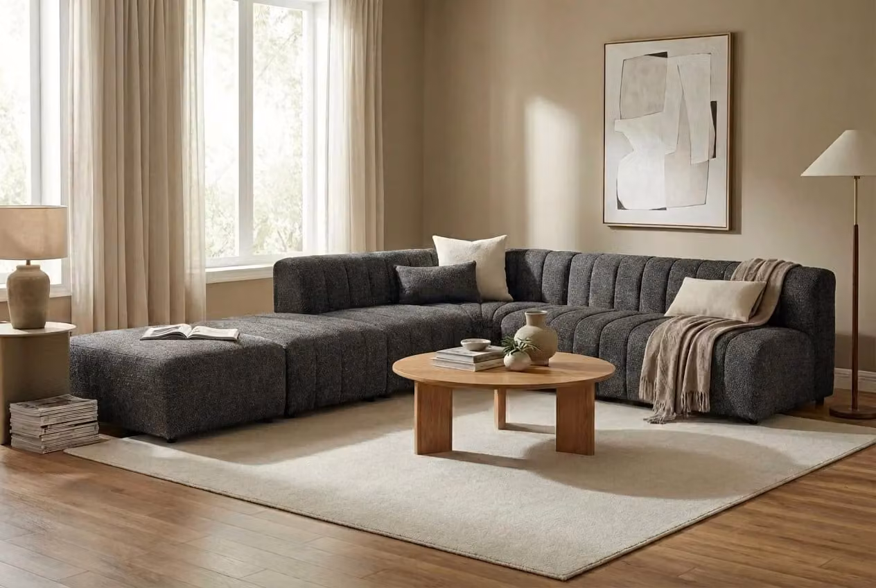 Araco Atelier Leo Left-Facing L-Shape Corner Sofa in Grey Fabric with Scatter Cushions