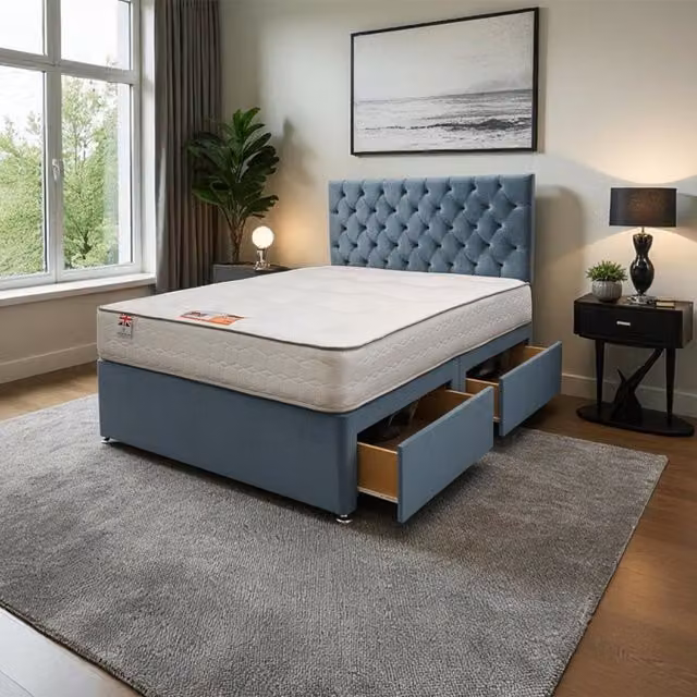 Knight Sleep Athens Plush Bed Set with Hybrid Mattress and 2 Drawers in Sky Blue, Super King Size (W/D/H: 200 x 200 cm)