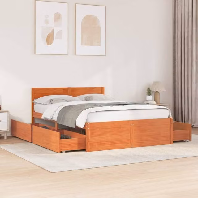 Berkfield Home Double Bed Frame in Wax Brown Solid Pine Wood, W: 135 cm, L: 190 cm
