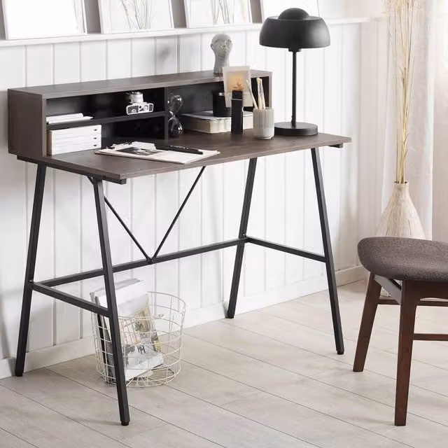 Wyld and Coco Elara Writing Desk with Open Shelves, Dark Brown and Black