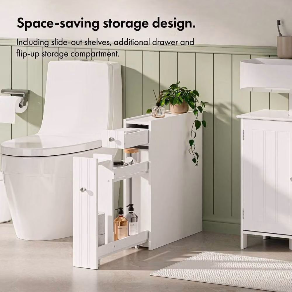 Vonhaus White Matt Metal Freestanding Bathroom Storage Unit with Hinged Doors and Internal Shelves – 2