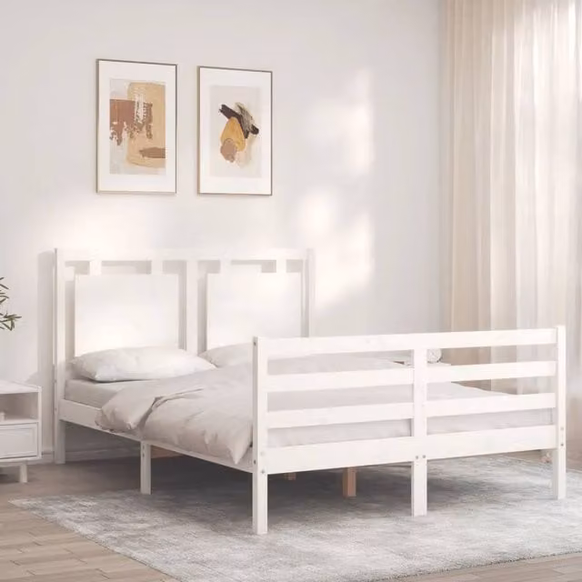 Berkfield Home Beautiful Solid Wood Bed Frame with Headboard in White, W/D/H: 120 x 200 x 125.5 cm