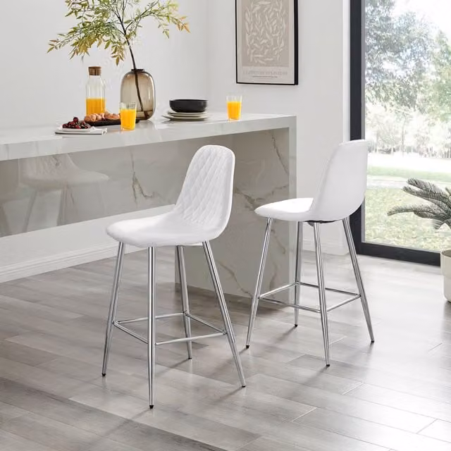 FurnitureboxUK Corona White Faux Leather Upholstered Kitchen Breakfast Bar Chair with Silver Metal Legs