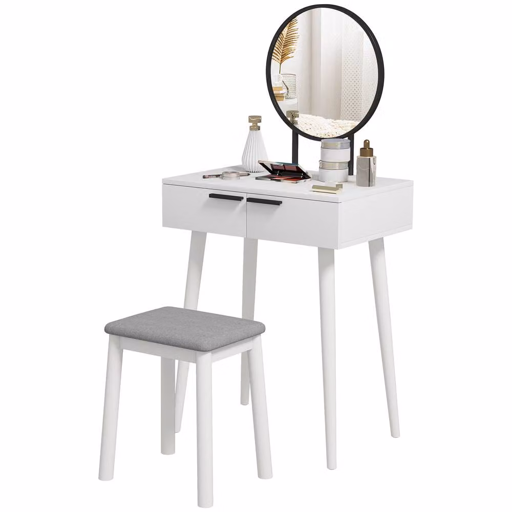 STILVORA Modern White Dressing Table with Mirror, Drawers and Stool, W/D/H: 123 x 40 x 40 cm – 2