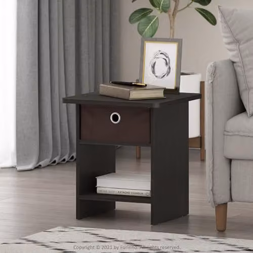 Furinno DARIO Square Side Table with Storage Bin and Open Back Shelf in Espresso, W/D/H: 39.4 x 39.4 x 45.2 cm – 2