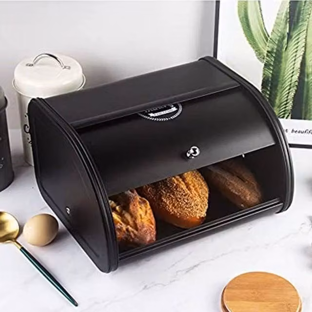 FORGEVIO Black Extra Large Metal Bread Box with Roll Top Design