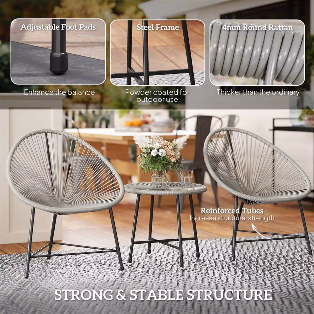 Outsunny Nordara Grey Rattan Garden Bistro Set with Cushions for 3 Adults – 2
