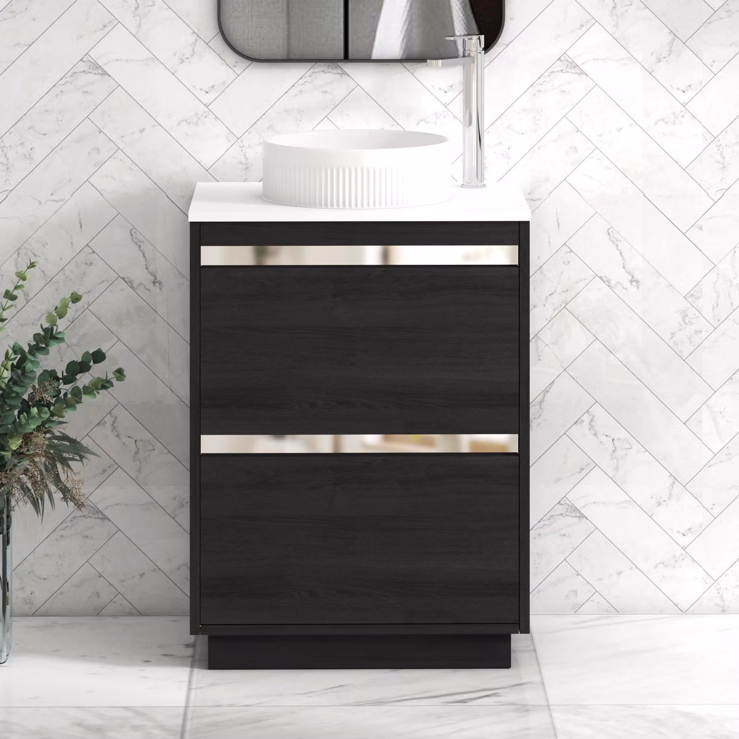 Royal Bathrooms Orion 600mm Hale Black and White Floor Standing Vanity Unit with 2 Drawers, Round Basin and Chrome Accent Trim