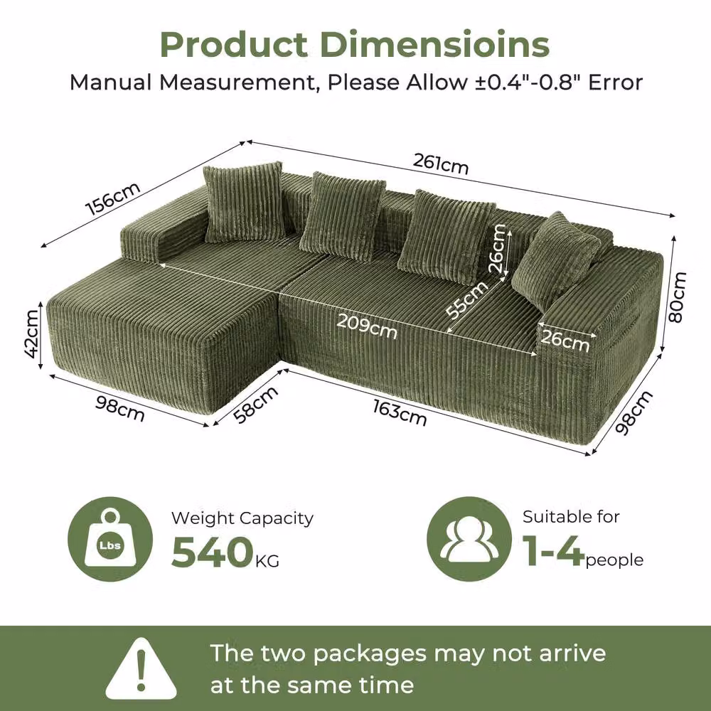 Dprodo 4 Seater Modular Left L-Shaped Sectional Sofa in Green Velvet Cord Fabric – 3
